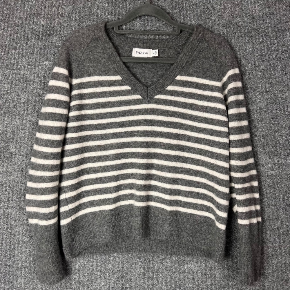 Evereve Sweater Womens S Gray Cashmere Striped V-Neck Pullover Long Slv